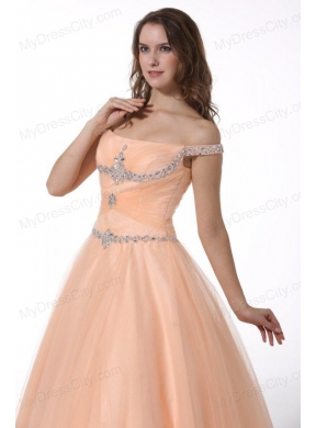 A-line Peach Off The Shoulder Beading Ruching Floor-length Tulle Prom Dress