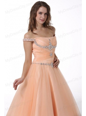 A-line Peach Off The Shoulder Beading Ruching Floor-length Tulle Prom Dress