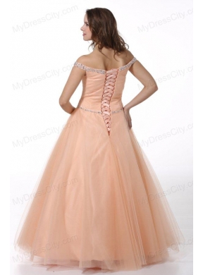 A-line Peach Off The Shoulder Beading Ruching Floor-length Tulle Prom Dress