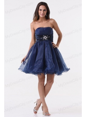 A-line Strapless Navy Blue Beading Ruching Organza Prom Dress