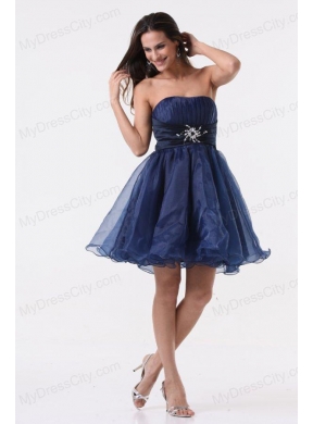 A-line Strapless Navy Blue Beading Ruching Organza Prom Dress