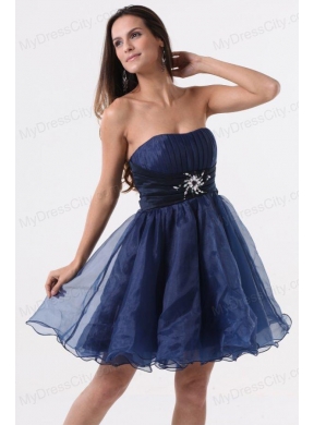 A-line Strapless Navy Blue Beading Ruching Organza Prom Dress