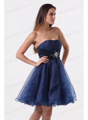 A-line Strapless Navy Blue Beading Ruching Organza Prom Dress