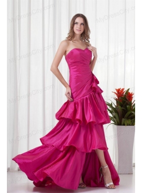 A-line Sweetheart Fuchsia High Low Ruching Bowknot Taffeta Prom Dress