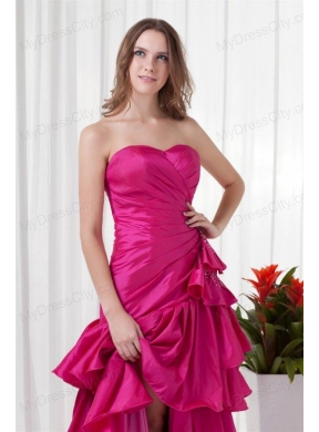 A-line Sweetheart Fuchsia High Low Ruching Bowknot Taffeta Prom Dress