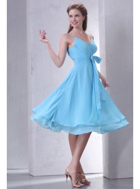 Aqua Blue A-line Spaghetti Straps Knee-length Prom Dress with Sash