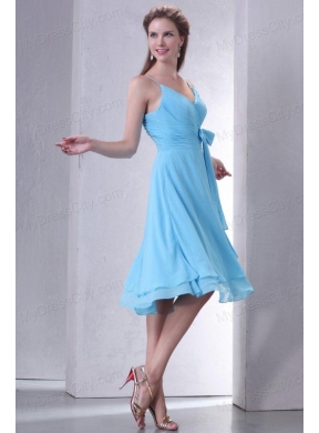 Aqua Blue A-line Spaghetti Straps Knee-length Prom Dress with Sash