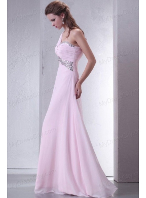 Baby Pink One Shoulder Beaded Decorate Chiffon Empire Prom Dress