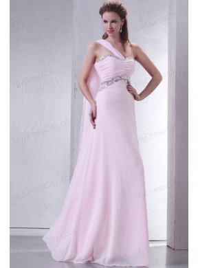 Baby Pink One Shoulder Beaded Decorate Chiffon Empire Prom Dress