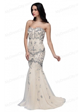 Beaded and Sequined Sweetheart Mermaid Prom Dress with Brush Train