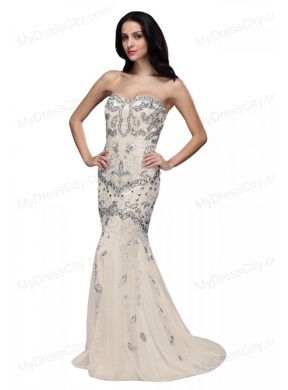 Beaded and Sequined Sweetheart Mermaid Prom Dress with Brush Train