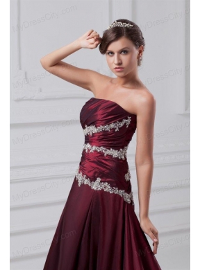 Burgundy A-line Prom Dress with Appliques Chapel Train