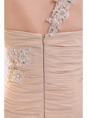 Champagne High Slit One Shoulder Prom Dress with Appliques and Beading