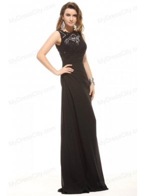 Column Black Bateau Lace Beading and Ruching Prom Dress