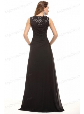 Column Black Bateau Lace Beading and Ruching Prom Dress