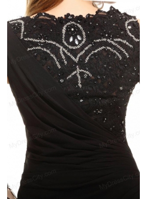 Column Black Bateau Lace Beading and Ruching Prom Dress