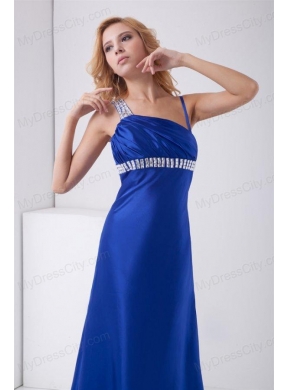 Column Blue Asymmetrical Brush Train Elastic Woven Satin Beading Prom Dress with Backless