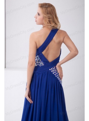 Column Blue Asymmetrical Brush Train Elastic Woven Satin Beading Prom Dress with Backless