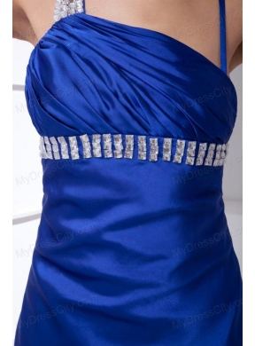 Column Blue Asymmetrical Brush Train Elastic Woven Satin Beading Prom Dress with Backless