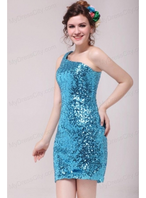 Column Blue One Shoulder Sequin Mini-length Prom Dress