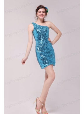 Column Blue One Shoulder Sequin Mini-length Prom Dress