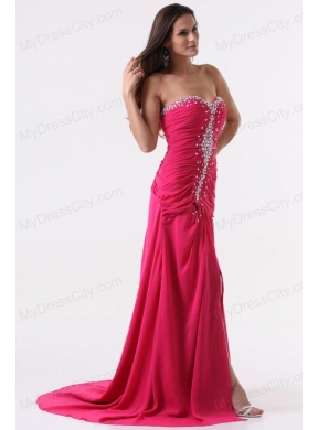 Column Sweetheart Beading and Ruching Hot Pink Long Prom Dress