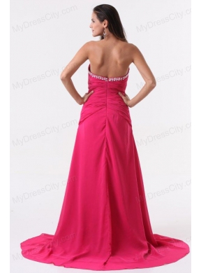 Column Sweetheart Beading and Ruching Hot Pink Long Prom Dress