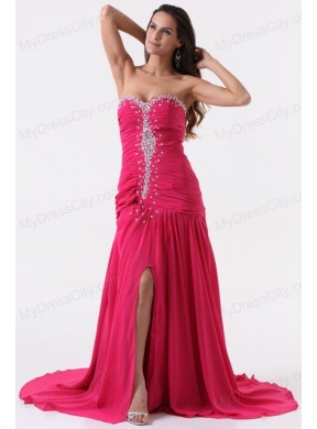 Column Sweetheart Beading and Ruching Hot Pink Long Prom Dress