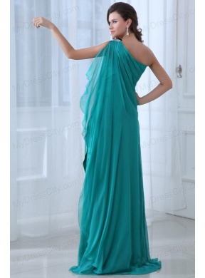 Column Turquoise One Shoulder Beading and Ruching Prom Dress