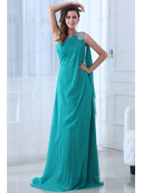 Column Turquoise One Shoulder Beading and Ruching Prom Dress