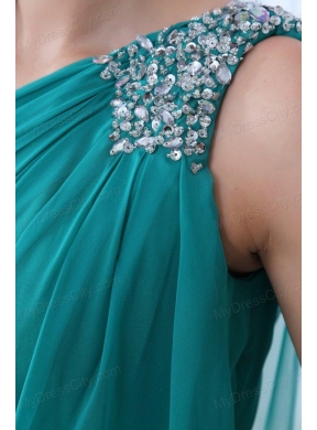 Column Turquoise One Shoulder Beading and Ruching Prom Dress