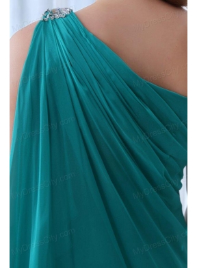 Column Turquoise One Shoulder Beading and Ruching Prom Dress