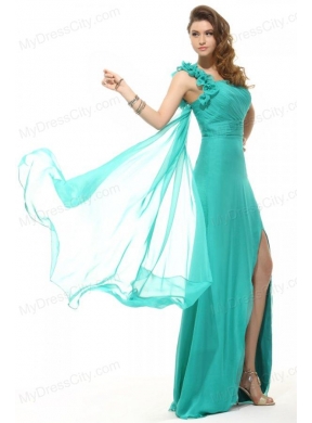 Column Turquoise One Shoulder Chiffon Watteau Train Ruching Prom Dress