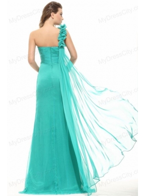 Column Turquoise One Shoulder Chiffon Watteau Train Ruching Prom Dress