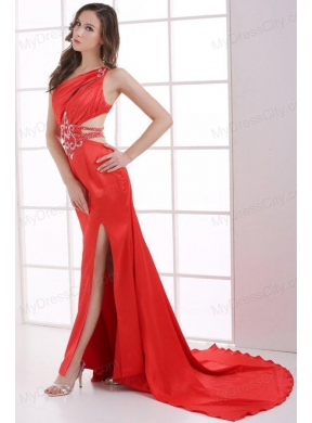 Column Wine Red One Shoulder Beading High Slit Ruching Prom Dress