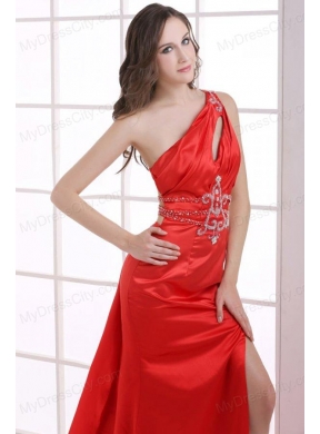 Column Wine Red One Shoulder Beading High Slit Ruching Prom Dress