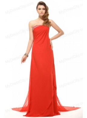 Coral Red Strapless Beading and Ruching Chiffon Prom Dress