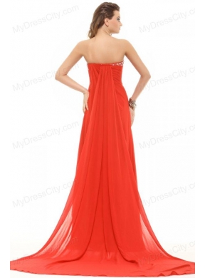 Coral Red Strapless Beading and Ruching Chiffon Prom Dress