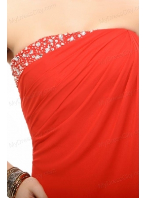 Coral Red Strapless Beading and Ruching Chiffon Prom Dress