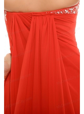 Coral Red Strapless Beading and Ruching Chiffon Prom Dress