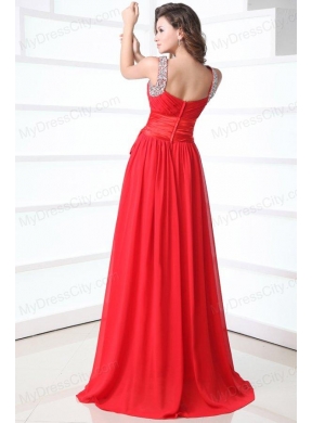 Elegant Column V-neck Red Brush Train Chiffon Prom Dress with Beading