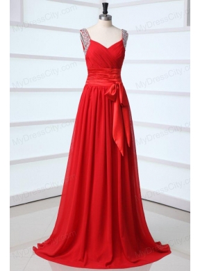 Elegant Column V-neck Red Brush Train Chiffon Prom Dress with Beading