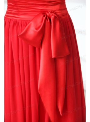 Elegant Column V-neck Red Brush Train Chiffon Prom Dress with Beading