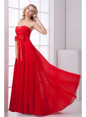 Elegant Strapless Red Empire Pleat Chiffon Prom Dress with Bowknot