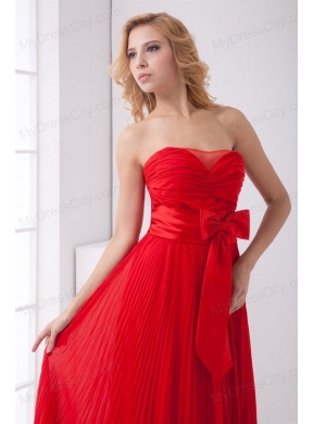 Elegant Strapless Red Empire Pleat Chiffon Prom Dress with Bowknot