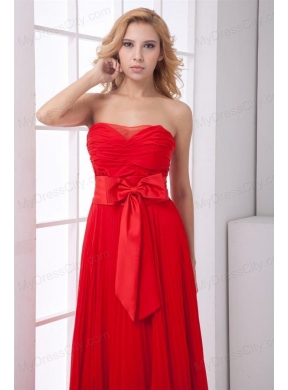 Elegant Strapless Red Empire Pleat Chiffon Prom Dress with Bowknot