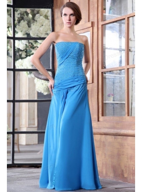 Empire Blue Strapless Beading and Ruching Chiffon High Slit Long Prom Dress