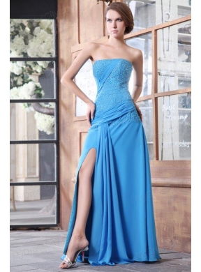 Empire Blue Strapless Beading and Ruching Chiffon High Slit Long Prom Dress