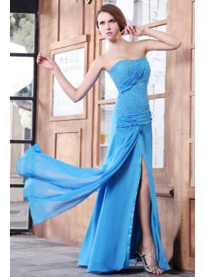 Empire Blue Strapless Beading and Ruching Chiffon High Slit Long Prom Dress