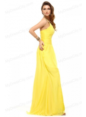 Empire Light Yellow Halter Top High Slit Beading Chiffon Prom Dress